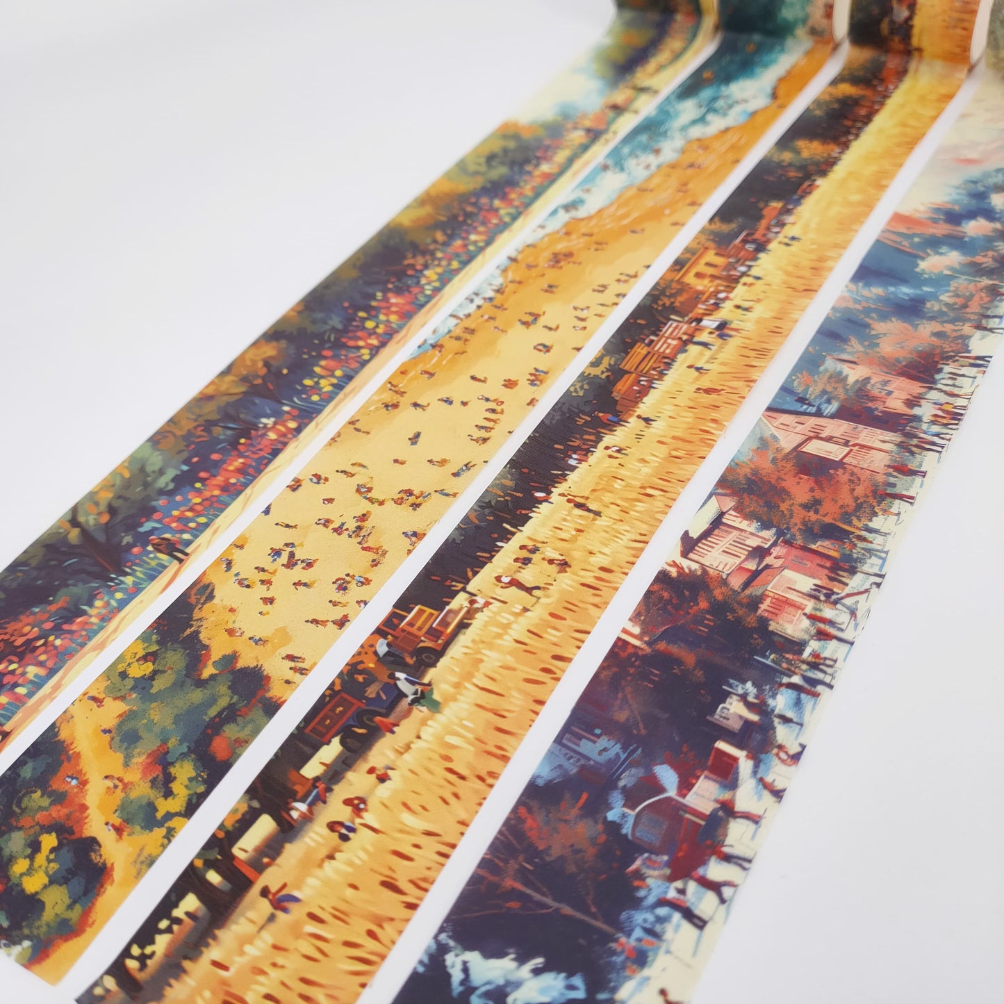 Scenery Washi Tape Set of Spring Park, Summer Beach, Autumn Farm, Winter Ski Resort closeup